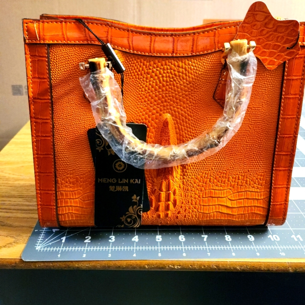 Orange Crocodile Style Handbag with Bamboo Handles